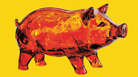 This eye-catching pig sculpture features a vibrant design set against a bold yellow background, showcasing artistry and charm. Perfect for creative projects.の素材