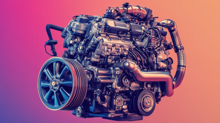 Captivating close-up of a high-performance engine showcasing intricate details and modern design elements, perfect for automotive enthusiasts and industry professionals.の素材
