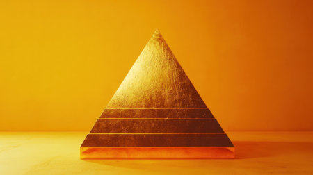 This image showcases a golden pyramid set against a vibrant orange background, highlighting modern design and geometric elegance with striking reflections.の素材