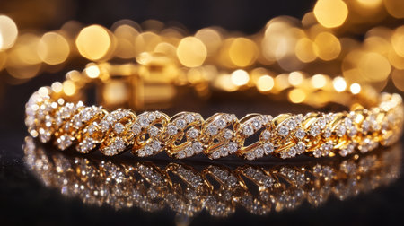 A stunning close-up of an elegant gold bracelet adorned with sparkling diamonds, reflecting warm bokeh lights, capturing the essence of luxury and beauty.の素材