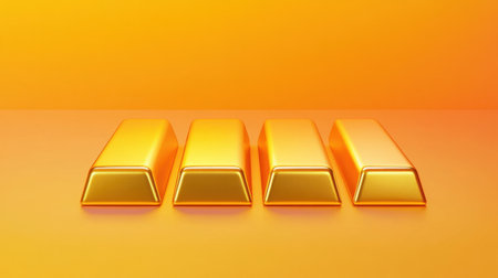This visually striking image features four glossy gold bars arranged against a vibrant yellow background, symbolizing wealth, luxury, and prosperity.の素材