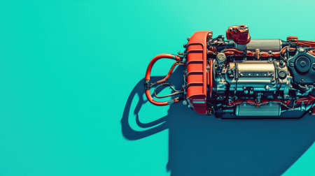 This striking image showcases a detailed modern engine design featuring bright orange components against a mint background. Ideal for automotive or engineering themes.の素材
