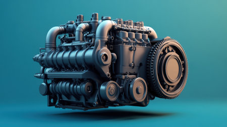 This striking 3D render features a highly detailed engine with intricate mechanical components, perfect for industrial and automotive projects. Ideal for presentations and designs centered around engineering and technology themes.の素材