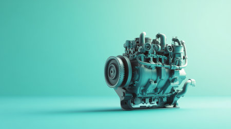 This image features a modern automotive engine component displayed against a turquoise background, showcasing intricate design and engineering.の素材