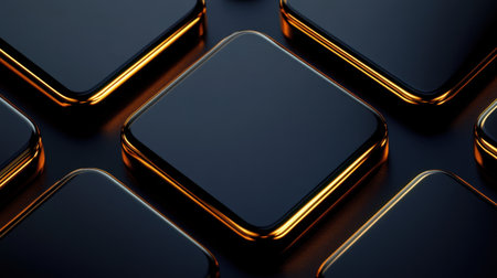 This image presents an abstract arrangement of glossy black squares featuring striking golden edges, showcasing a modern and minimalistic artistic design.の素材