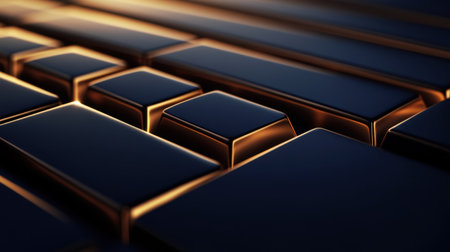 This close-up image highlights the elegant details of a shiny black and gold keyboard, capturing reflections and soft illumination in a modern design.の素材