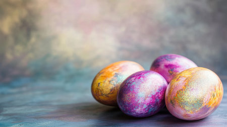 A stunning composition of colorful Easter eggs featuring vibrant pastel hues set against a soft abstract background, perfect for holiday themes and decor.の素材