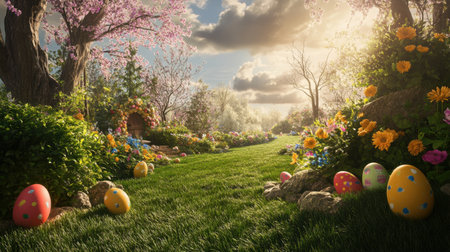 A picturesque spring landscape featuring bright colored Easter eggs nestled among lush green grass and vibrant blooming flowers under a soft sunlight.の素材