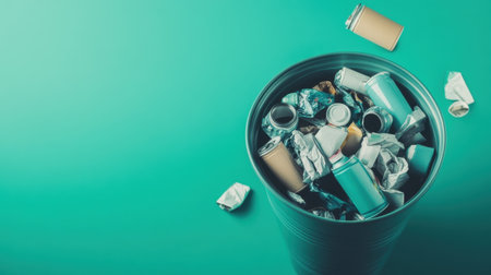 A colorful trash bin filled with discarded aluminum cans and crumpled paper sits against a vibrant turquoise background, illustrating waste management and recycling efforts.の素材