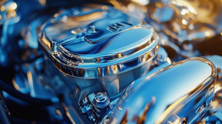 This close-up image highlights a polished engine component, showcasing intricate details and reflections. The shine of the metal reflects modern automotive technology and precision engineering.の素材