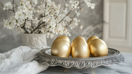 This stunning image features elegant golden eggs displayed on a silver tray, complemented by blooming flowers, creating a warm and inviting kitchen atmosphere.の素材