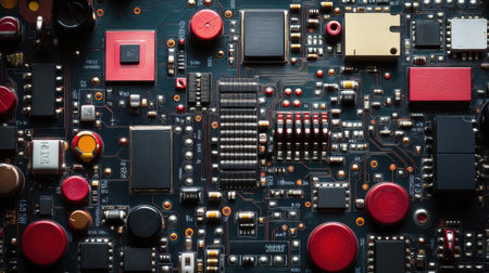 This close-up image showcases a circuit board filled with various electronic components, highlighting the intricate details of modern technology and engineering.の素材