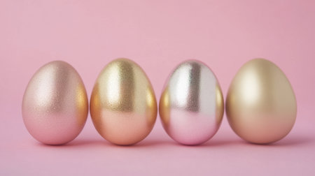 This image features four decorative Easter eggs in beautiful pastel hues, creating a festive atmosphere against a soft pink background, perfect for seasonal themes.の素材