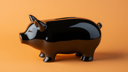 This glossy ceramic piggy bank features a charming design and bright orange background, perfect for visualizing financial savings and budgeting concepts.の素材