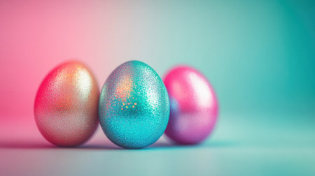 Three beautifully crafted Easter eggs in vibrant pastel colors with sparkling textures, set against a soft gradient background for a festive atmosphere.の素材