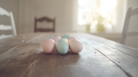 A charming scene featuring a cluster of pastel colored Easter eggs on a rustic wooden table, illuminated by warm sunlight in a cozy room, perfect for spring celebrations.の素材