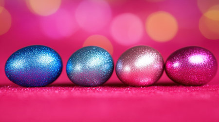 A captivating image of colorful glittery Easter eggs arranged on a vibrant pink background, enhanced by soft bokeh lights, ideal for festive spring celebrations.の素材