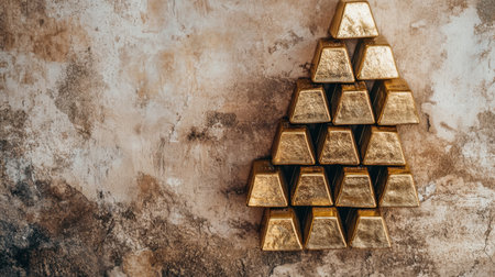 A visually striking arrangement of gold bars stacked in a pyramid shape against a textured rustic wall, evoking themes of wealth and luxury.の素材