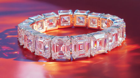 This stunning diamond bracelet features sparkling emerald cut stones, radiating elegance and luxury against a vibrant background perfect for any occasion.の素材