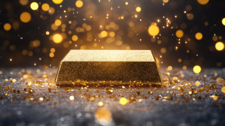 A gleaming gold bar sits prominently against a backdrop of shimmering sparks and bokeh lights, symbolizing luxury, wealth, and opulence. The image captures the essence of richness and success, ideal for themes of finance, celebration, and creativity.の素材
