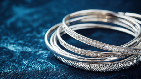 A captivating arrangement of elegant silver bangles adorned with sparkling diamonds, set against a rich blue velvet background, ideal for showcasing jewelry elegance.の素材