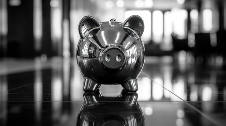 This monochromatic image features a shiny piggy bank placed on a reflective surface, capturing the essence of savings and financial planning.の素材