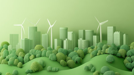 A vibrant green urban landscape featuring wind turbines and rich vegetation symbolizes sustainability and renewable energy in a modern city.の素材