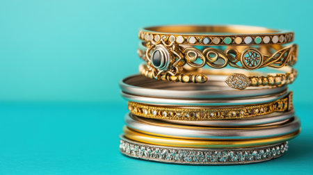 A captivating display of elegant gold and silver bangles, showcasing intricate designs and textures against a bright teal backdrop, perfect for jewelry lovers.の素材