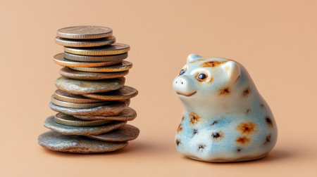 A charming piggy bank sits beside a neat stack of coins, illustrating themes of savings and financial planning in a warm, inviting setting.の素材