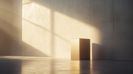 A serene minimalist scene featuring a solitary box bathed in soft natural light. The interplay of shadows and light creates a tranquil atmosphere in a modern interior.の素材