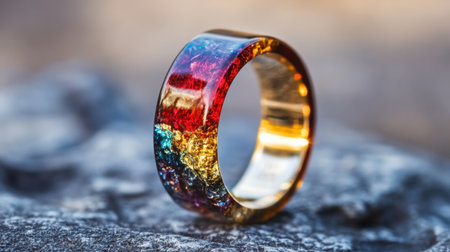 A stunning colorful resin ring showcasing unique patterns and vibrant hues, beautifully contrasted against a natural stone background. Ideal for jewelry enthusiasts.の素材