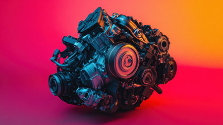 This image showcases a detailed mechanical engine block, highlighting the intricate components and structures against a vibrant gradient background, emphasizing technology and design.の素材