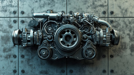 This image captures a detailed view of a modern engine featuring turbochargers, showcasing intricate mechanical components on a metallic backdrop.の素材