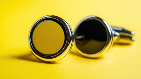 A stylish pair of silver cufflinks rests on a bright yellow background, embodying modern elegance for men's formal wear and accessories.の素材
