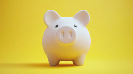 A charming white piggy bank stands against a vibrant yellow background, symbolizing saving, finance, and money management in a visually appealing way.の素材