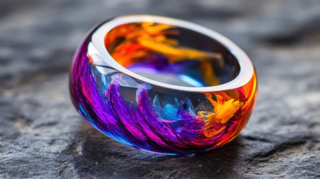 A stunning resin ring displaying vibrant colors and swirling patterns, resting on a textured rock surface, perfect for showcasing elegance and artistic design.の素材