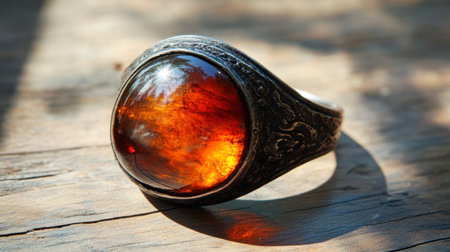 This captivating vintage silver ring features a large amber stone, showcasing intricate designs and a stunning reflection, perfect for adding elegance to any outfit.の素材