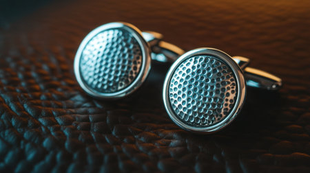 A pair of elegant metallic cufflinks featuring a textured surface, resting on a rich leather background. Ideal for enhancing formal attire and showcasing refined style.の素材