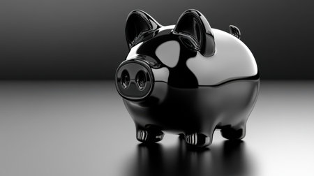This image showcases a glossy black piggy bank resting on a reflective surface, symbolizing financial savings and investments for future growth.の素材