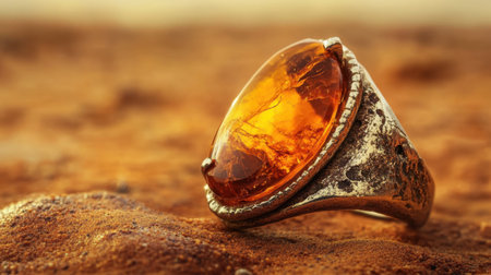Beautiful amber ring featuring a unique silver setting, showcasing intricate designs and a warm color palette, resting gracefully on a natural earth surface.の素材