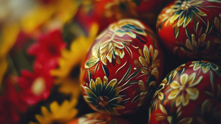 A stunning arrangement of hand-painted Easter eggs in vibrant colors, nestled among bright spring flowers, creating a festive and artistic display.の素材
