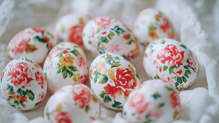 This image presents a collection of beautiful pastel-colored eggs adorned with floral patterns, perfect for enhancing festive decorations and celebrations.の素材