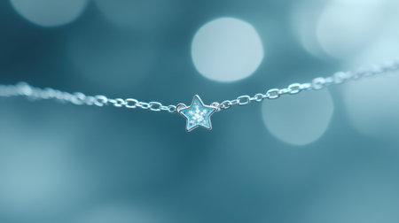 A stunning silver chain necklace with a charming star pendant, set against a soft blue background that enhances its elegance and beauty.の素材