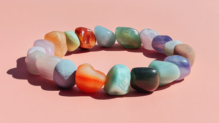 A visually appealing arrangement of various semi-precious gemstones on a soft pink background, creating a harmonious and artistic display ideal for creative projects.の素材