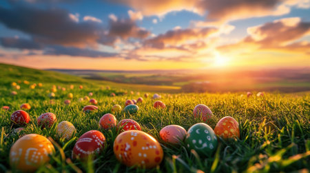 A serene landscape showcasing a field dotted with vibrant Easter eggs under a glowing sunset. The scene captures the essence of spring and celebration.の素材