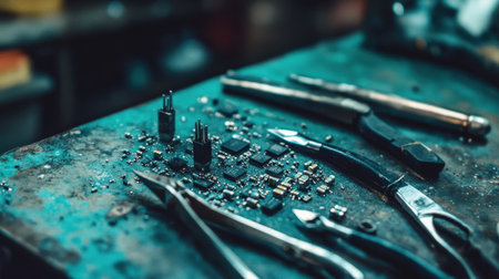 A close-up image showcasing an array of electronic components and various tools on a workbench, ideal for technology and engineering themes.の素材