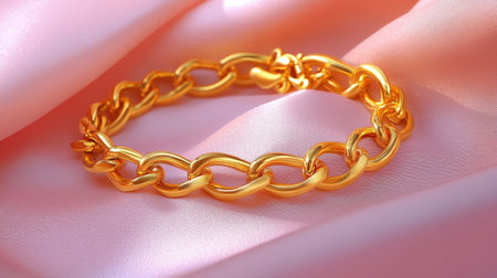 An elegant gold chain bracelet rests on soft pink satin fabric, illuminated by gentle lighting that accentuates its shine and craftsmanship. Perfect for fashion displays.の素材