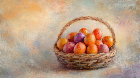 A beautifully woven basket filled with colorful Easter eggs set against a soft pastel background. This artistic depiction captures the essence of spring celebrations.の素材