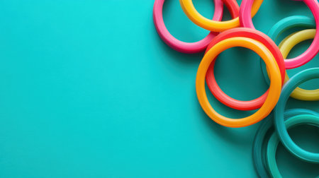 A vibrant arrangement of colorful plastic rings on a turquoise surface, ideal for creative projects, design inspiration, or playful imagery.の素材