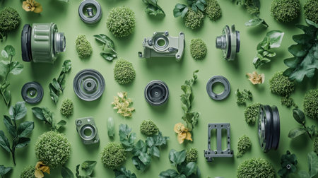This vibrant flat lay showcases an artistic arrangement of green components and lush botanicals, creating a visually striking composition on a vivid green background.の素材